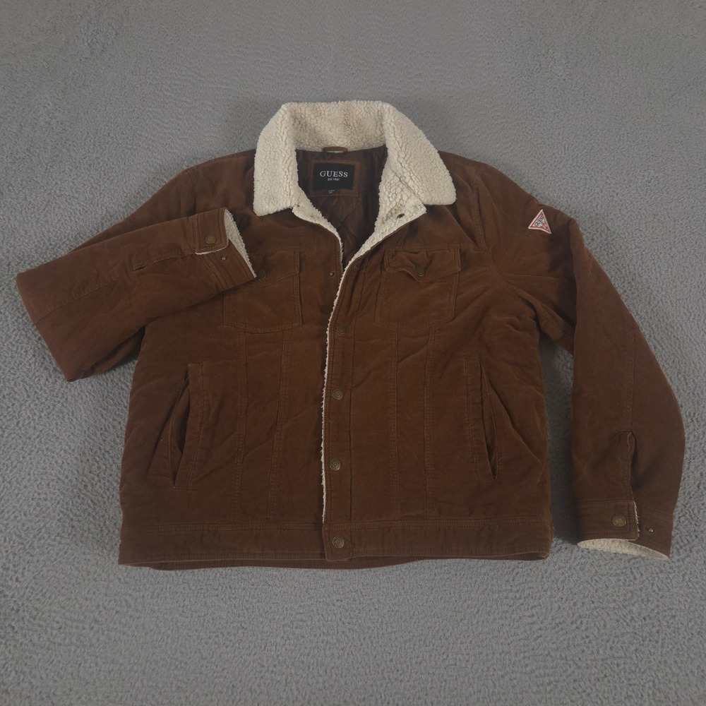 Guess Jacket Mens XXL Brown Corduroy Bomber Sherpa Collar Quilted Lined Trucker